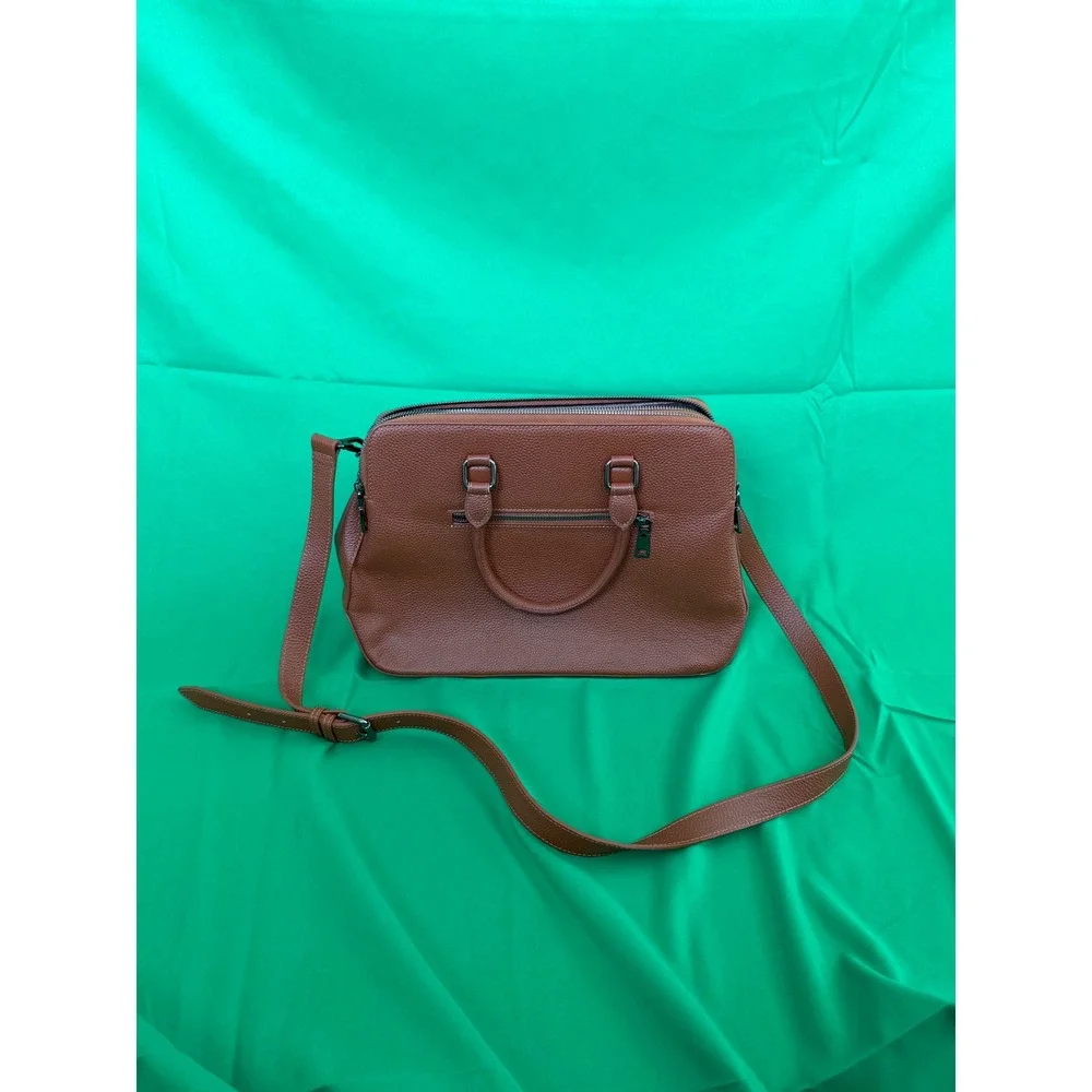 Heshe Brown Pebbled Leather Satchel Triple Compartment Crossbody Bag